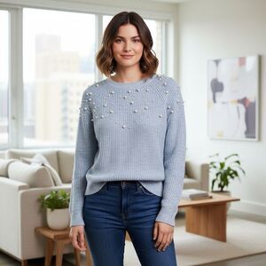 Light Blue Pearl Embellished Ribbed Knit Crewneck Pullover Sweater - size M